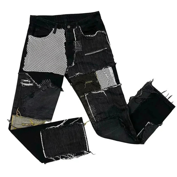 MNML Jeans Mens 28‎ Black Patchwork Distressed Grunge Biker Streetwear Punk - Picture 1 of 13
